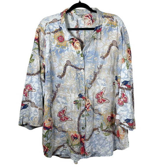 John Mark Tops - John Mark XLarge Light Blue 100% Linen Butterfly Long Sleeve Button Up Tunic Top